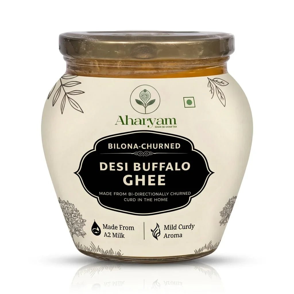 Desi Buffalo Ghee aur A2 Gir Cow Ghee jars side by side - Aharyam Foods bilona ghee
